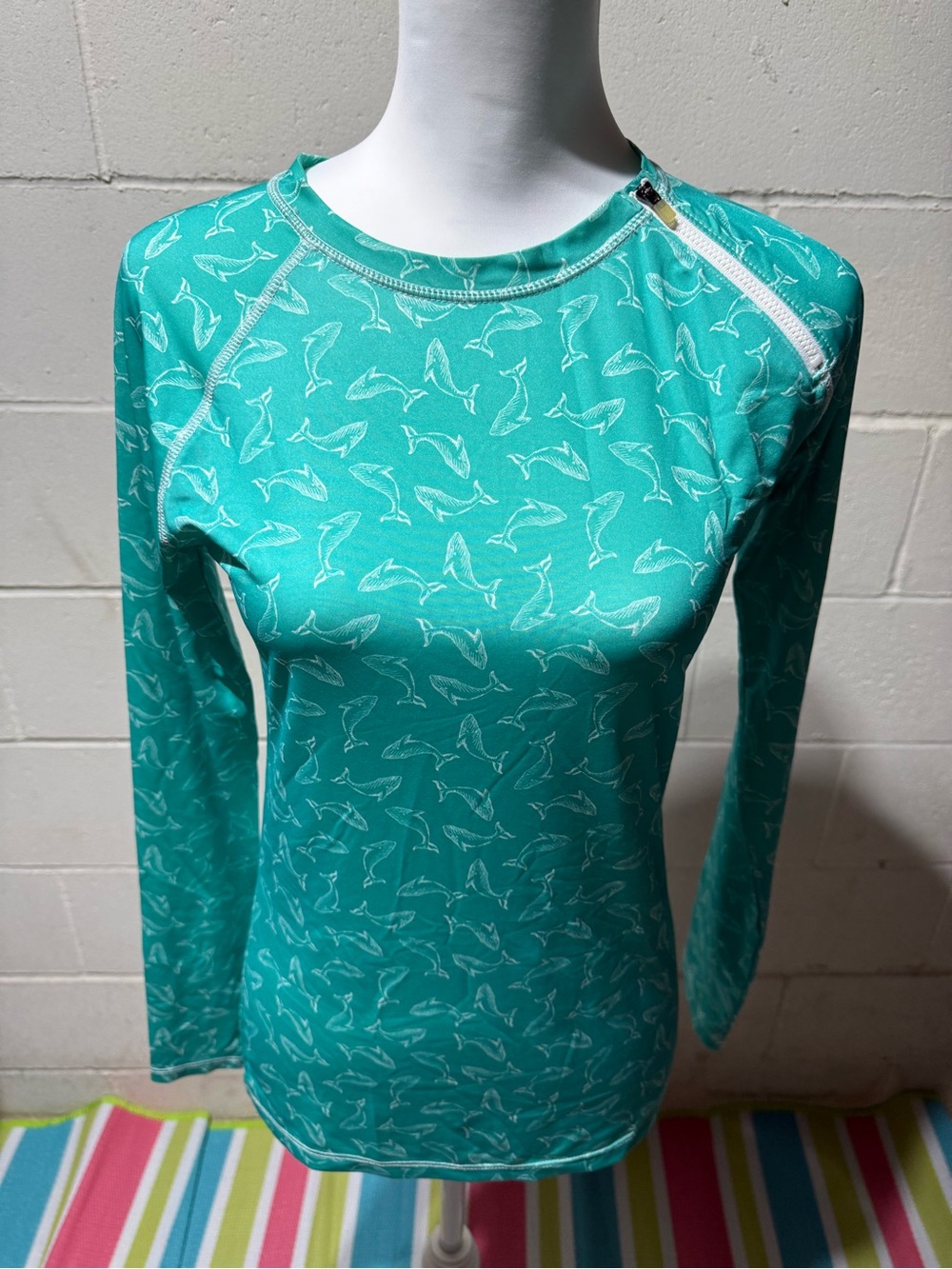 Reel Legends Teal Shark-Print Long Sleeve Performance Top